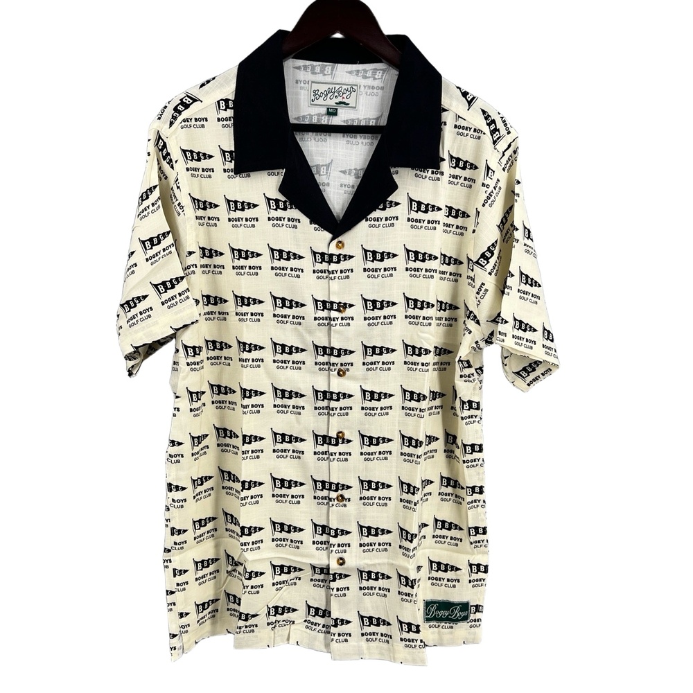 Bogey Boys Golf Club Cream Top Camp Collar‎ Button Up Shirt All Over Print M New